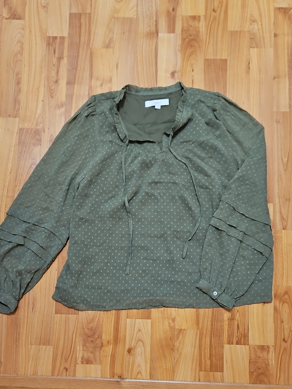 LOFT Olive Green Dot Tie-Neck Blouse